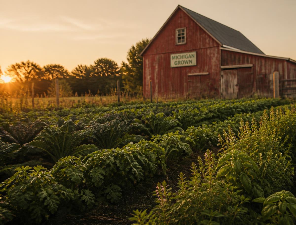 A small Michigan farm at golden hour with a weathered red barn and rows of leafy vegetables