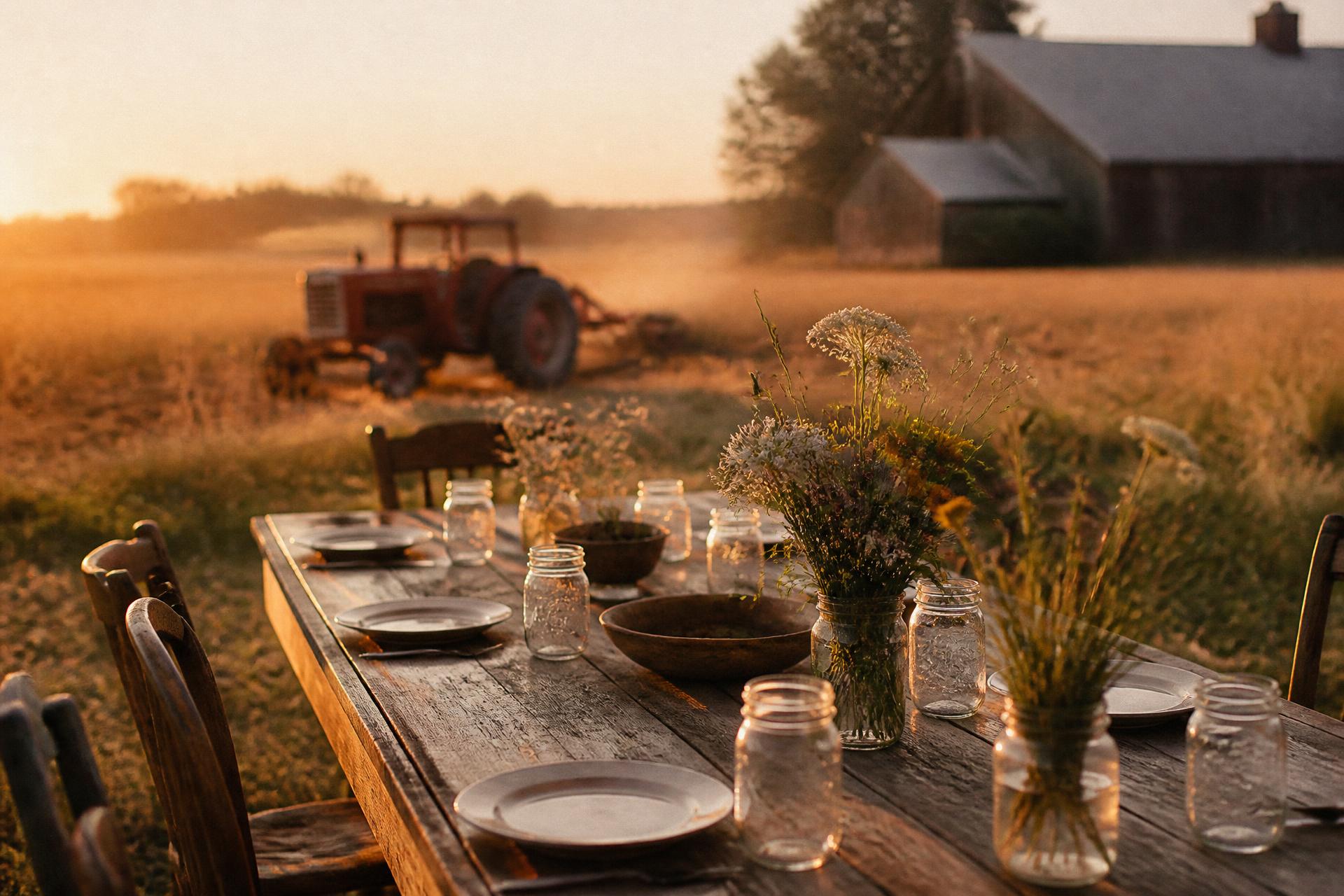 A weathered wooden long table set outdoors at golden hour with an old tractor in a Michigan field
