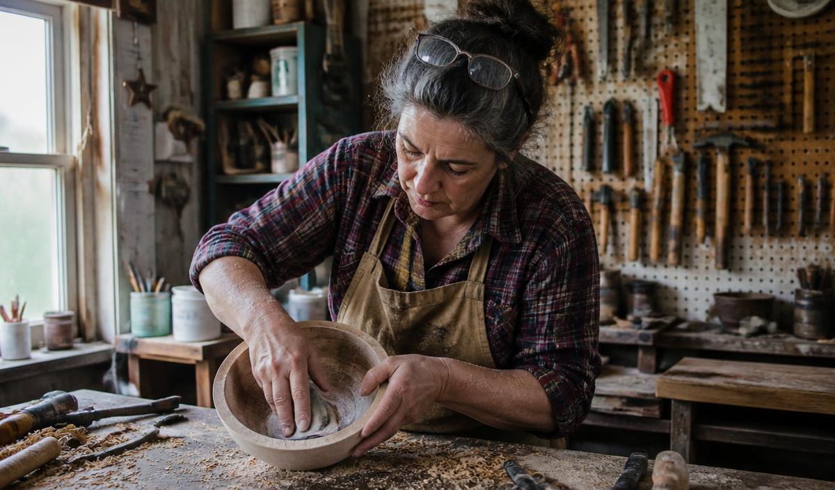 A local maker holding a hand-thrown ceramic bowl in a sunlit workshop